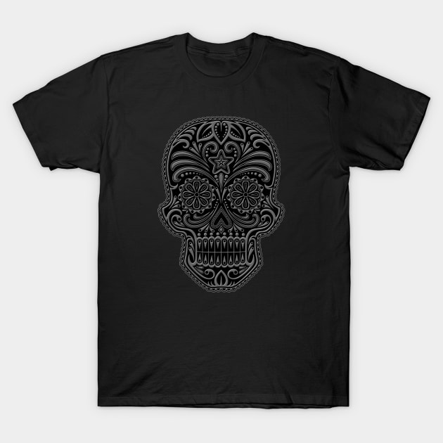 Intricate Gray and Black Sugar Skull T-Shirt by jeffbartels